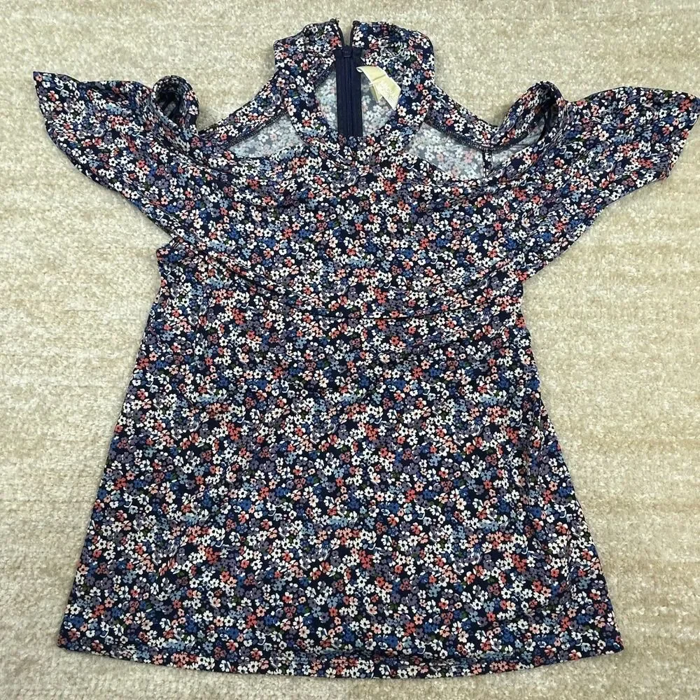 Michael Kors Dress Womens XS Navy Floral Cold Shoulder Ruffle Zipper Casual